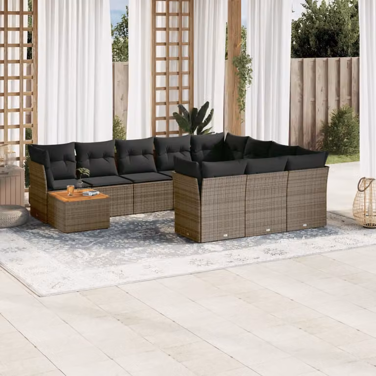 vidaXL Set Divani da Giardino 11 pz in Polyrattan Grigio con Cuscini e Tavolino da Caffè