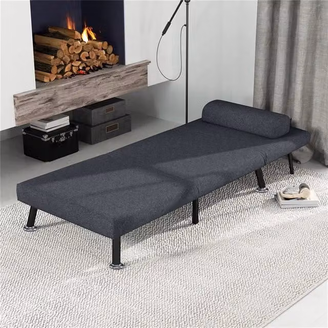 POLTRONA LETTO 3 IN 1 CON SCHIENALE REGOLABILE E CUSCINO IN TESSUTO EFFETTO LINO E ACCIAIO GRIGIO SCURO
