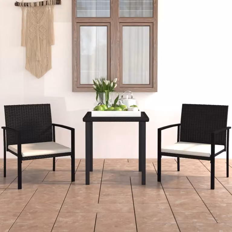 The Living Store Set da pranzo da giardino 3 pezzi in poly rattan nero
