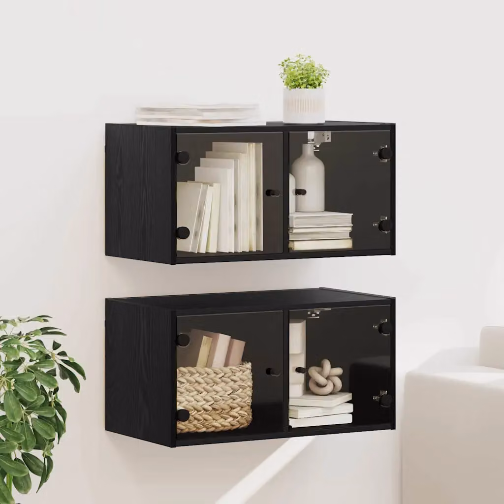 Set di 2 armadi da parete vidaXL neri con ante in vetro e ripiani interni in legno, L/P/H: 68 x 37 x 35 cm