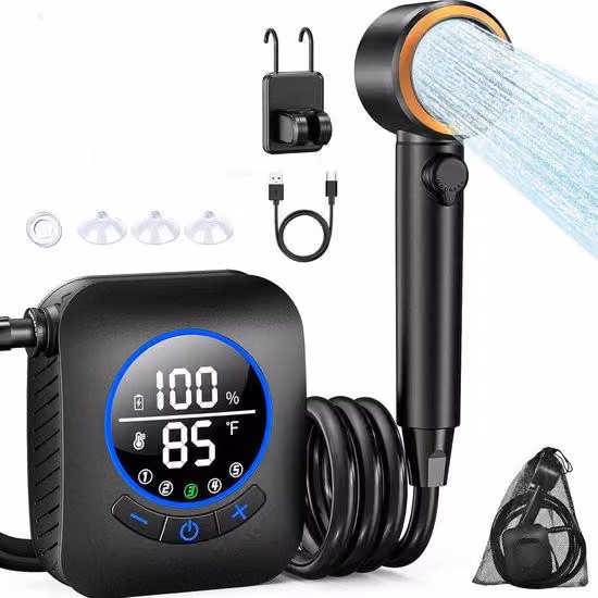Doccia portatile da campeggio - Doccia a batteria da 8000mAh - Con display LED sottile - 4 modalità di getto d'acqua - Grado di protezione IPX8 - Doccia da giardino - Doccia portatile - Colore: nero