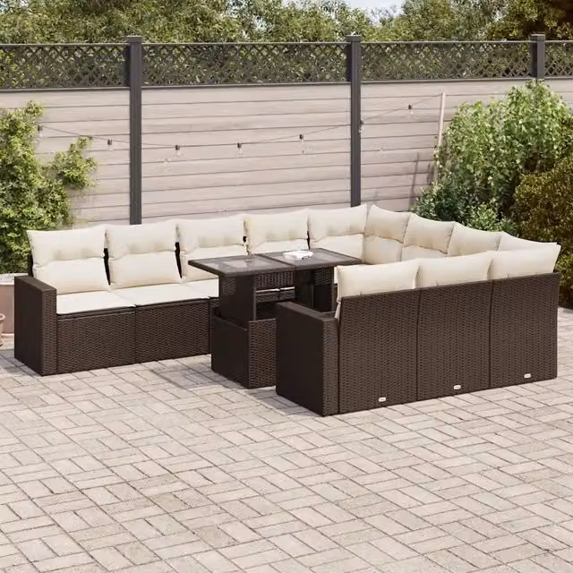 Set di Divani da Giardino vidaXL 11 Pezzi in Polyrattan Marrone con Cuscini Bianchi e Tavolino da Esterno a Forma di U