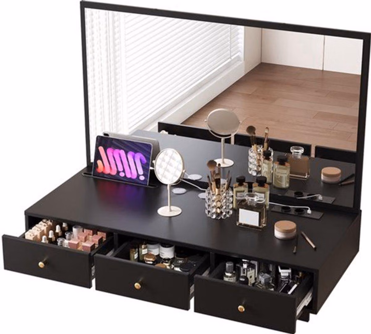 Specchio da trucco con cassetti - Nero - 100x105x45 cm - Include prese di corrente - Tavolino da trucco autoportante