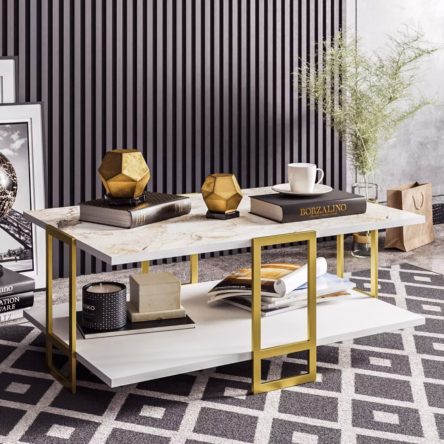 Skye Decor, Polka- Polka SHS, oro, bianco, tavolini, 36,6x91,5x61,5 cm, 100% pannello di particelle rivestito in melamina