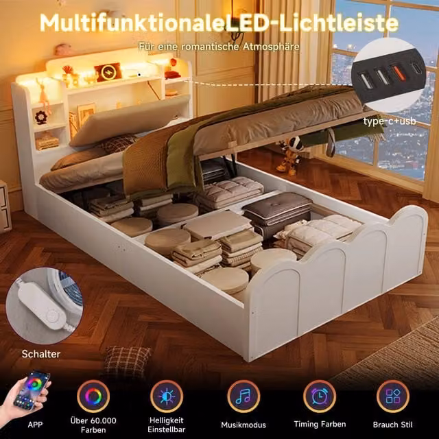 Letto Contenitore REDOM Bianco con Base a Sollevamento, Porta USB, Illuminazione LED e Ripiano Integrato, L/P: 90 x 200 cm – 1