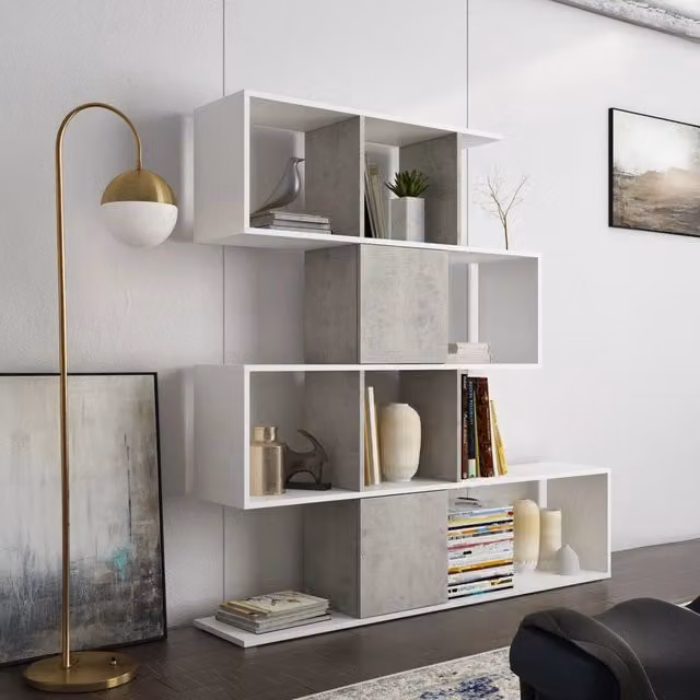 Libreria Budrio DMORA con 9 Ripiani, Design Moderno, L/P/H: 93 x 28 x 142 cm, Bianco e Grigio