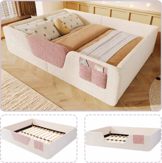 Letto a baldacchino con sponde rimovibili velluto beige 140x190 cm