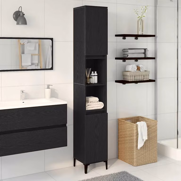 Mobile da bagno vidaXL nero con ante a battente e ripiani interni L/P/H: 30 x 30 x 190 cm