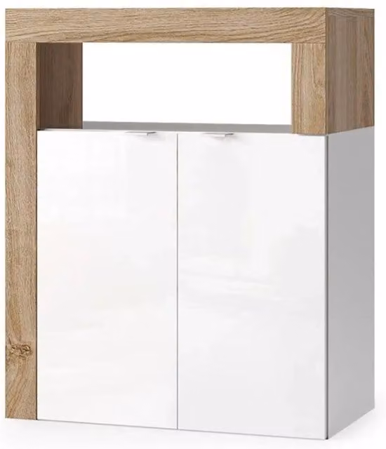 Mobile da bagno BURA – 2 porte, 2 scaffali – Bianco lucido laccato e rovere chiaro