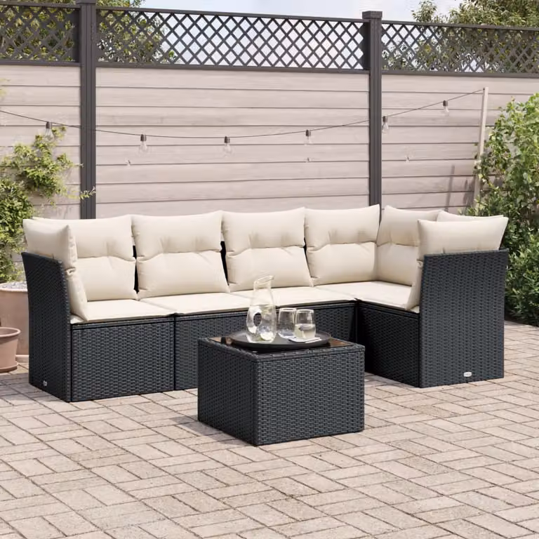 Set Divano da Giardino vidaXL a Forma di L con Cuscini e Tavolino, 6 Pezzi, Nero e Bianco
