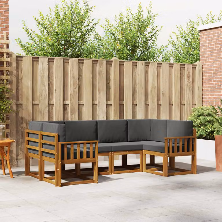 Set di divani da esterno vidaXL a forma di L composto da 6 pezzi in legno di acacia con cuscini in tessuto color antracite e marrone naturale
