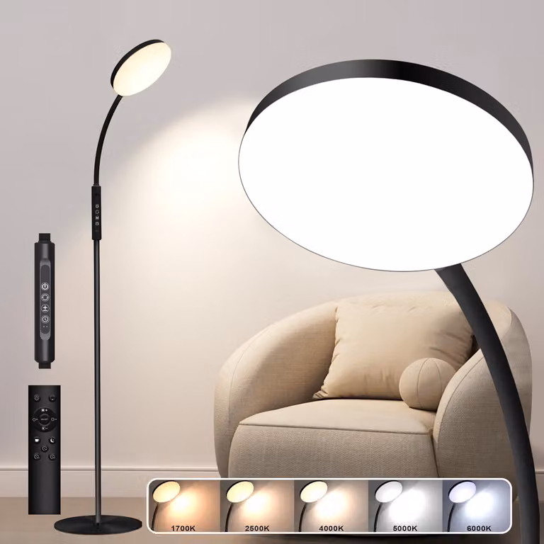 Lampada da terra a LED dimmerabile con 5 tonalità di luce, 16 W, 20.000 lux, lampada da lettura flessibile con telecomando per camera da letto, soggiorno e ufficio, nera
