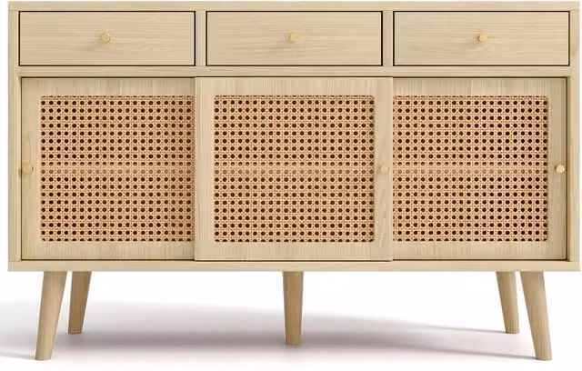 Credenza in MDF con 3 cassetti e 3 ante scorrevoli in rattan, gambe in legno massello, maniglie in metallo dorato, finitura rovere 120x40x78 cm