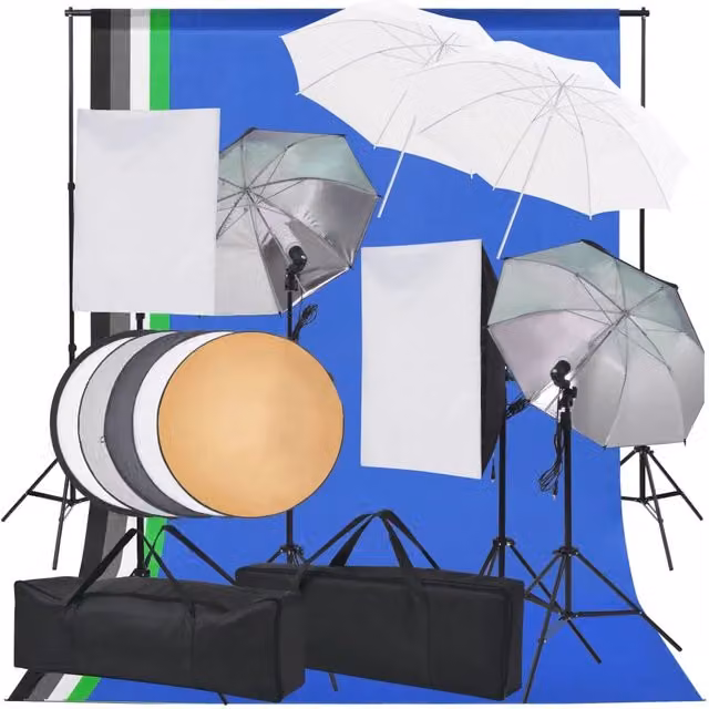Kit di illuminazione professionale per studio fotografico con softbox rettangolari, ombrello e treppiede regolabile in metallo e alluminio, colori bianco e nero