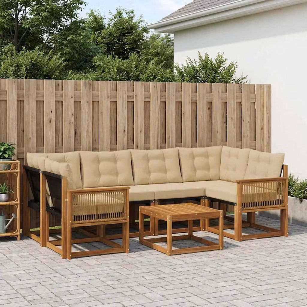 vidaXL Set di divani da esterno 7 pz in legno di acacia e textilene, colore marrone e beige, con tavolo da caffè e cuscini inclusi