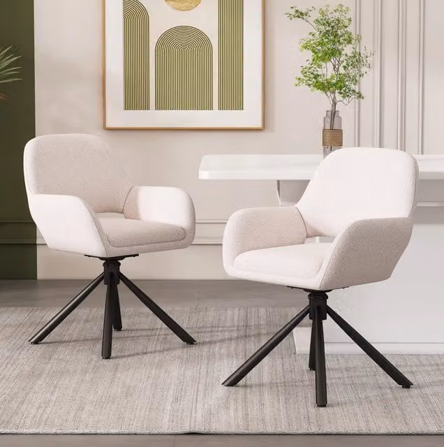 Set di 2 sedie girevoli moderne con braccioli in tessuto sherpa bianco per ufficio o casa – 1
