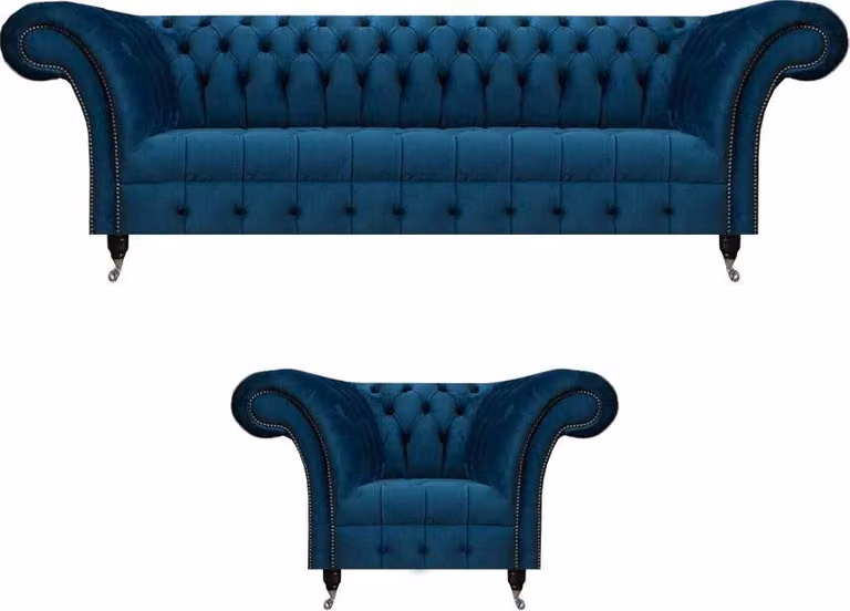 Dunkelblaue Chesterfield Polstermöbel Schicker 3-Sitzer Lehnsessel 2tlg