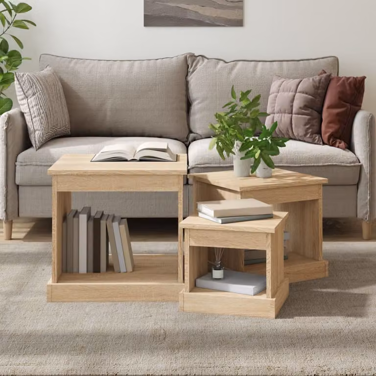 The Living Store tavolini 3 pezzi in legno rovere Sonoma