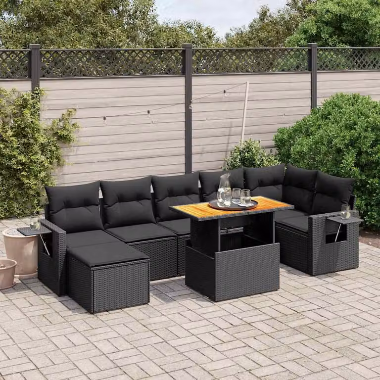 vidaXL Set Divani da Giardino in Polyrattan Nero con Cuscini e Tavolino da Esterno 8 pz