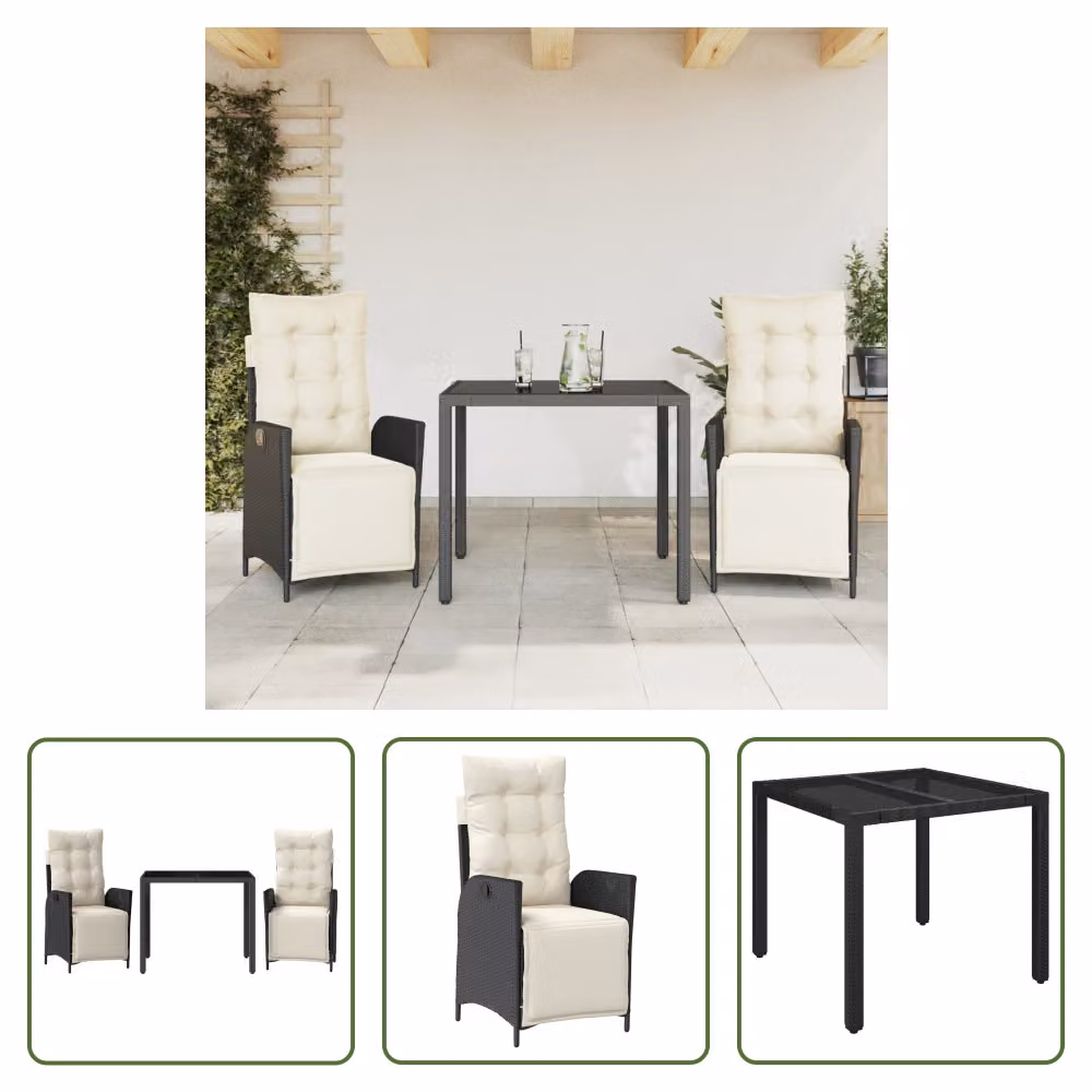 The Living Store Set da pranzo da giardino in 3 pezzi con cuscini in poly rattan nero
