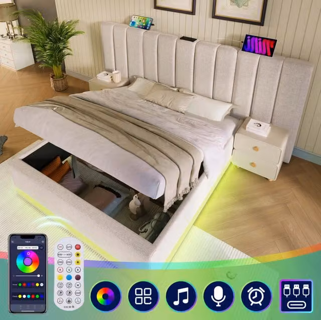 Letto matrimoniale imbottito MODFU con contenitore, illuminazione LED sottostante e porte USB e Type-C, beige, L: 160 cm, P: 200 cm