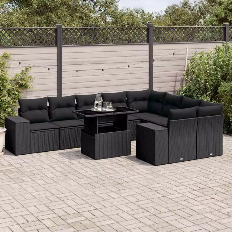 vidaXL Set Divani da Giardino a L con Cuscini e Tavolino Nero in Polyrattan e Metallo