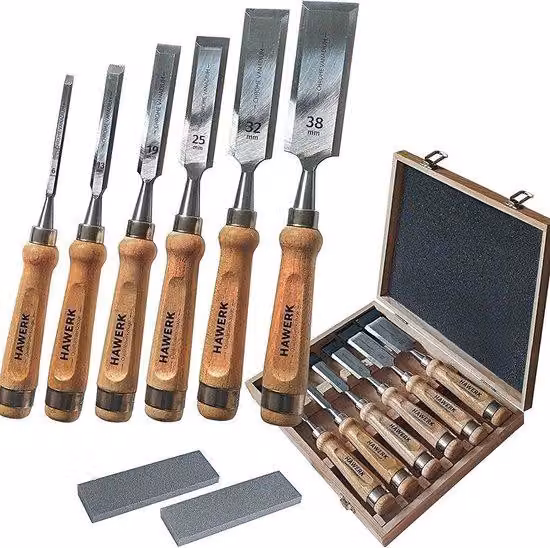Set di scalpelli per intaglio del legno Unyqoos® – 6 scalpelli, 2 pietre per affilare, con custodia