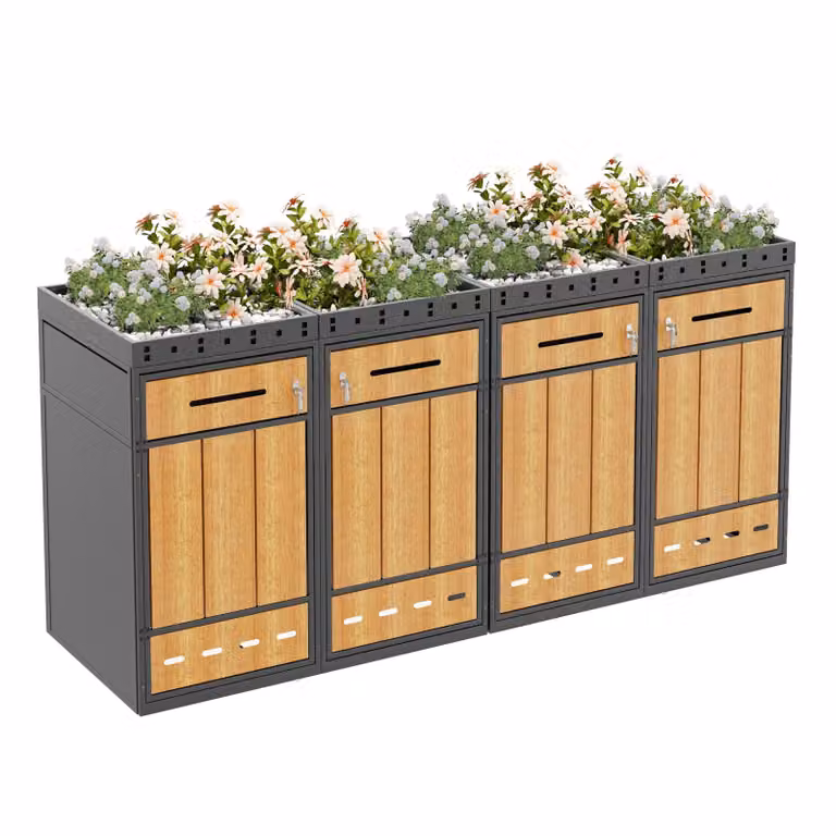 Contenitore per rifiuti per 4 bidoni da 120–240 litri, con tetto verde, porte anteriori chiudibili a chiave, sistema di ventilazione, realizzato in acciaio laminato a freddo, con finitura effetto legno/grigio