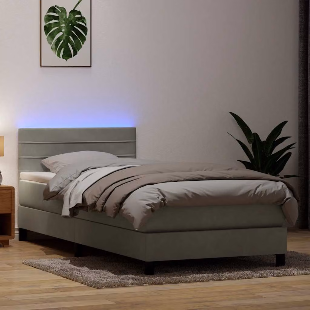 Letto a molle con materasso ibrido e illuminazione LED vidaXL in velluto grigio chiaro L 80 cm x P 210 cm