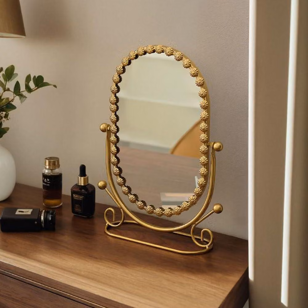 Specchio ovale da tavolo, 1 pezzo, con supporto, in metallo, color oro, ideale per la camera da letto
