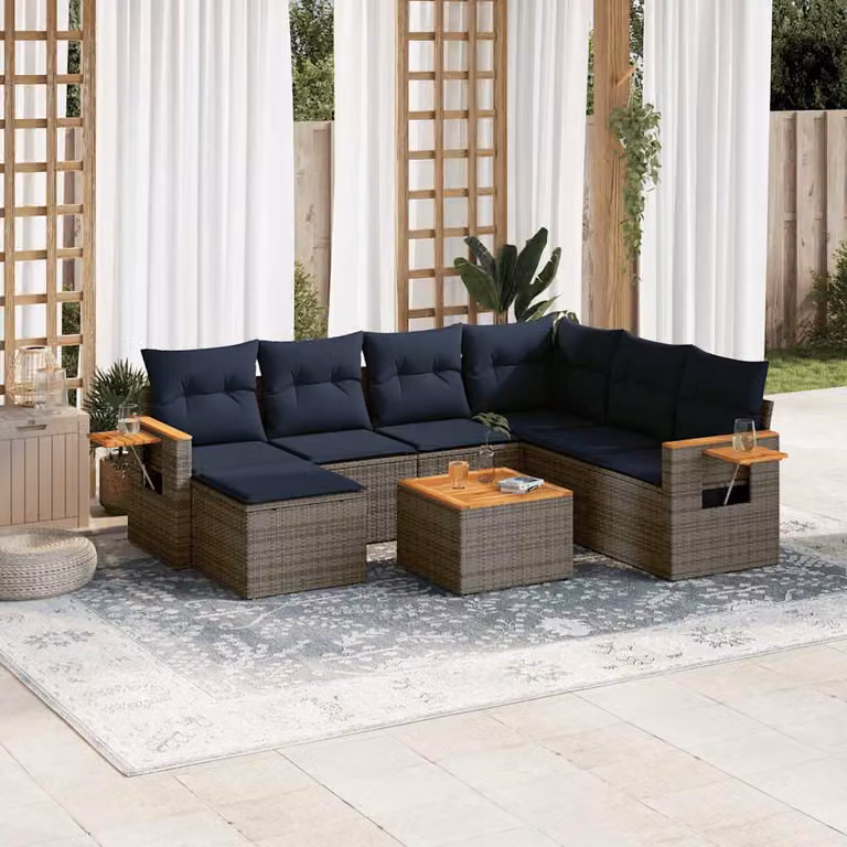 vidaXL Set Divani da Giardino a L 8 pz in Polyrattan con Cuscini Grigio e Blu