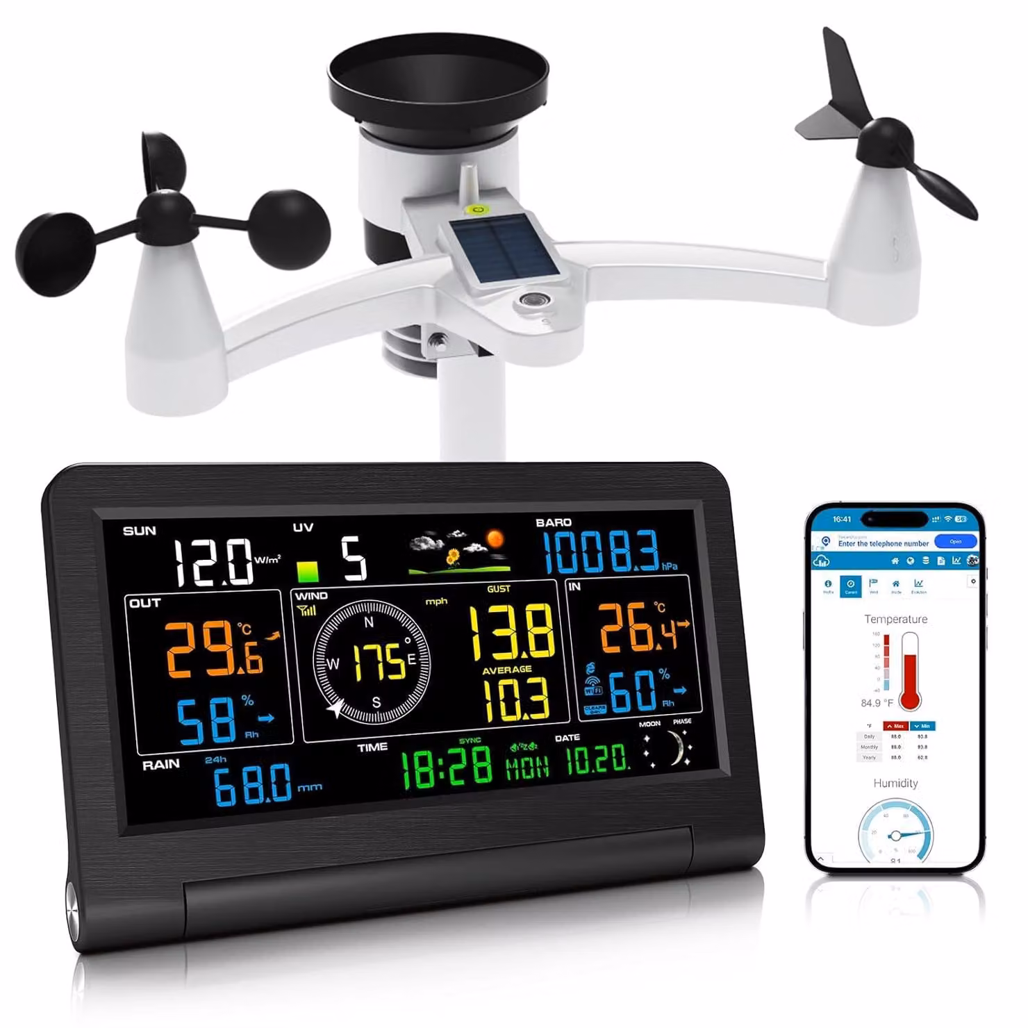 Stazione meteorologica Wi-Fi multifunzione (14 in 1), dotata di pluviometro, anemometro, termometro interno ed esterno, igrometro, barometro, indice UV, previsioni del tempo e altro
