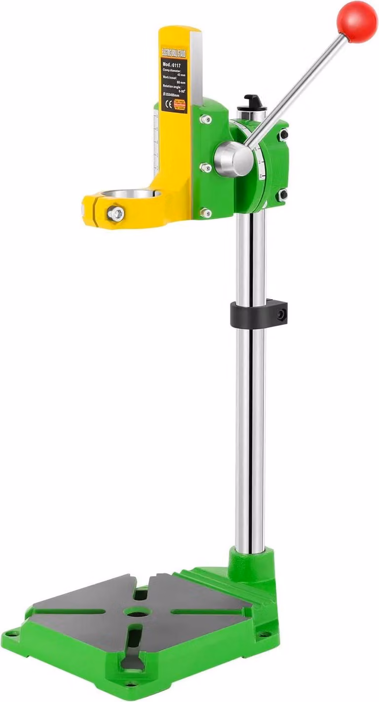 Supporto da tavolo per trapano - Supporto a pressa per trapano a mano - Altezza 490 mm - Morsetto da tavolo - Testa di serraggio girevole a 90° - Per lavori in legno - Verde