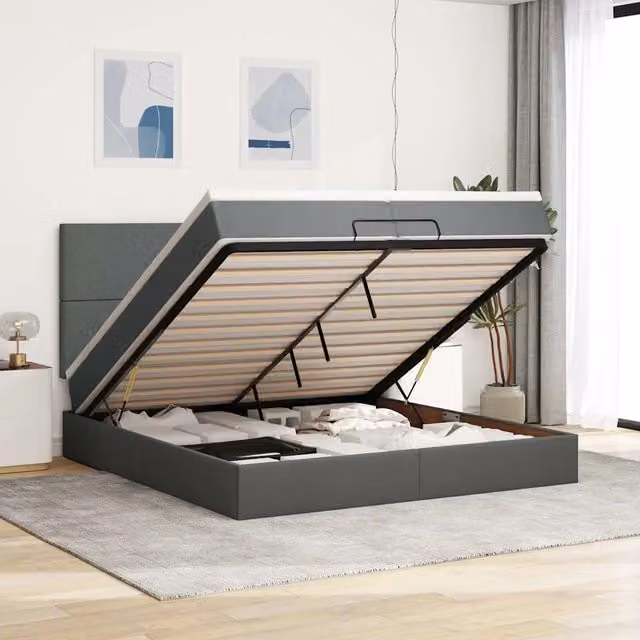 Letto con contenitore a sollevamento vidaXL in tessuto grigio e bianco L: 200 cm, P: 200 cm, H: 280 cm – 1