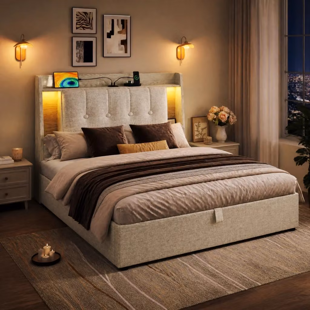 Letto contenitore Mivray in lino beige con vano idraulico, testiera con scomparti, illuminazione LED e porte USB e Type-C, L/P: 90 x 200 cm – 2