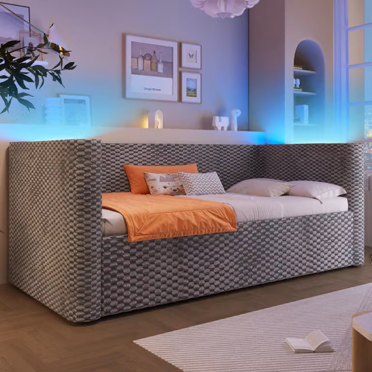 MODFU Daybed 90x200 Daybed con LED e rete a doghe, divano letto con meccanismo di contenimento idraulico, letto per ragazzi con contenitore, senza materasso, grigio