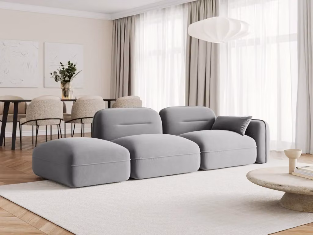 Divano modulare sinistro Sydney Cosmopolitan Design a 3 posti in velluto grigio L: 295 cm, P: 174 cm, H: 85 cm – 2