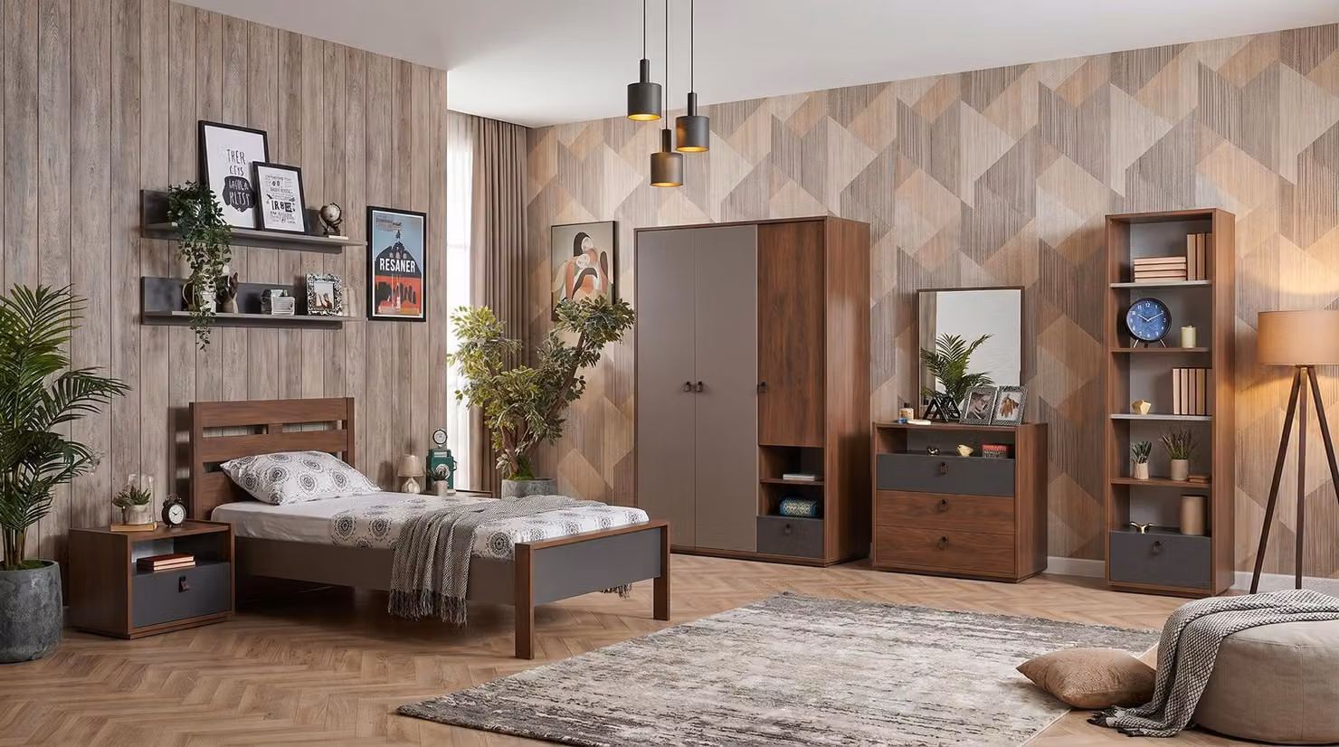 Letto, armadio, cassettiera, comodini, libreria: arredamento moderno in tonalità marrone per una camera da letto giovanile