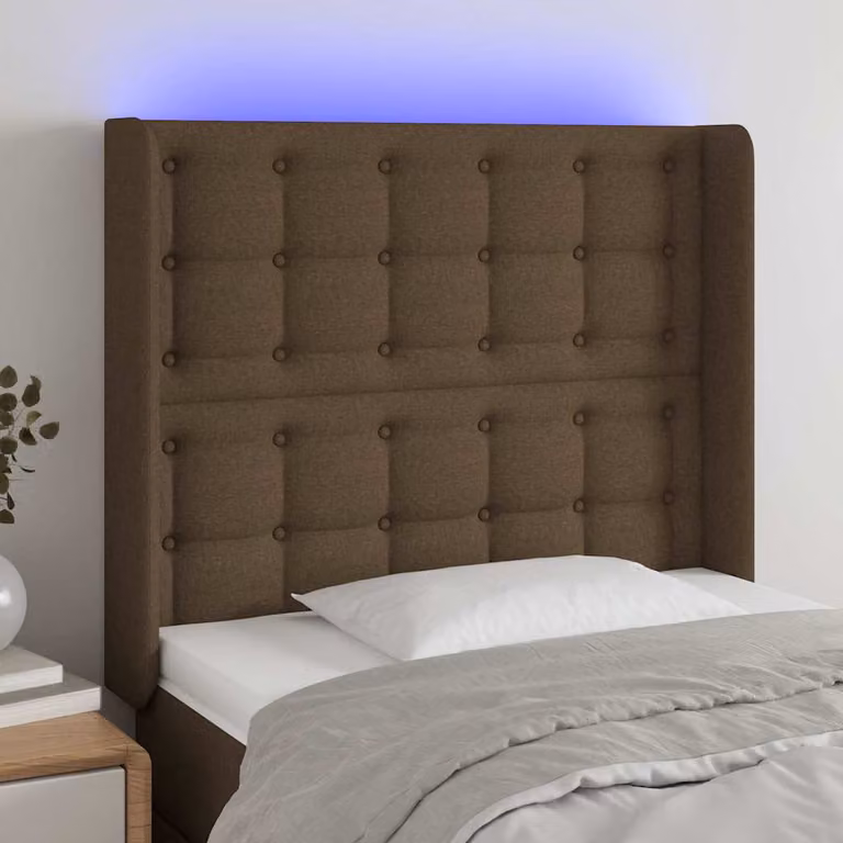 Testiera con LED e porta USB vidaXL in tessuto marrone scuro L 93 cm, P 16 cm, H 118-128 cm