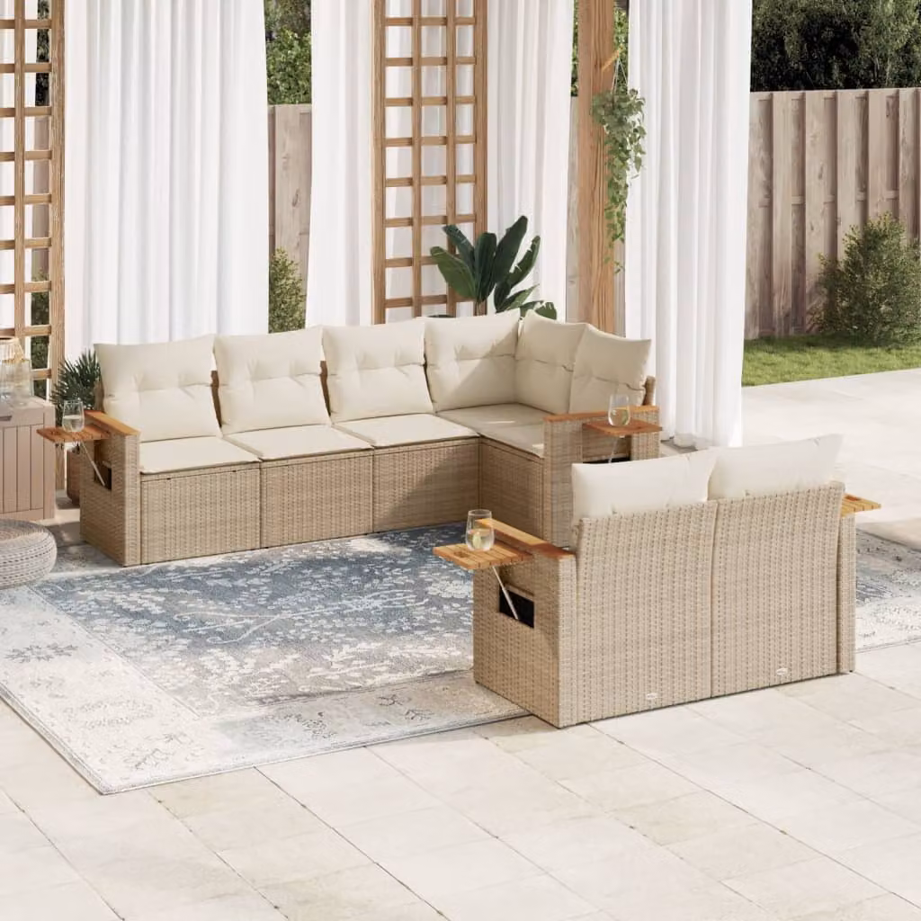 Set di divani da giardino vidaXL a forma di L composto da 7 pezzi in polyrattan con cuscini beige e tavolino da esterno – 1