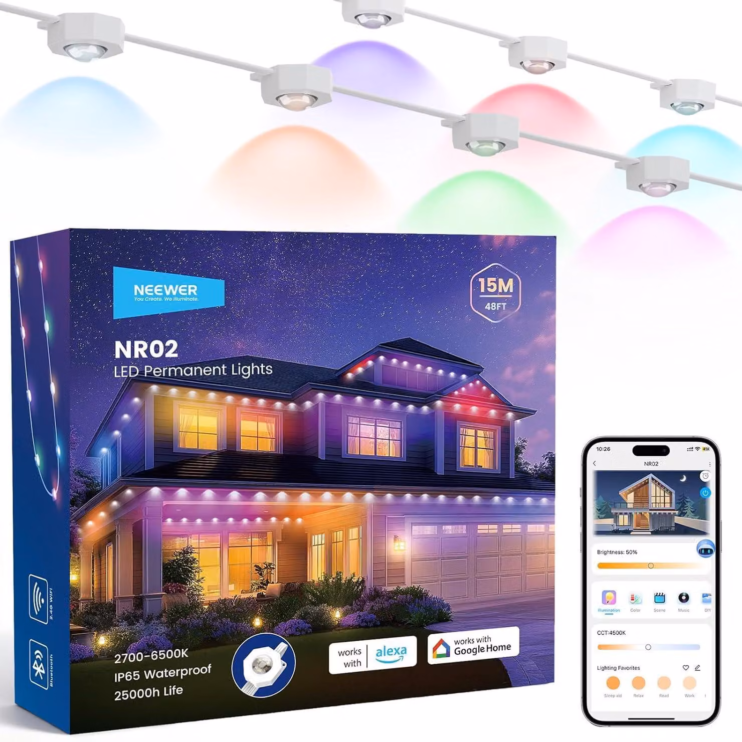 Catena luminosa a LED permanente, lunghezza 48 piedi/15 metri, colore RGBCW, 30 LED, controllo tramite app, grado di protezione IP67