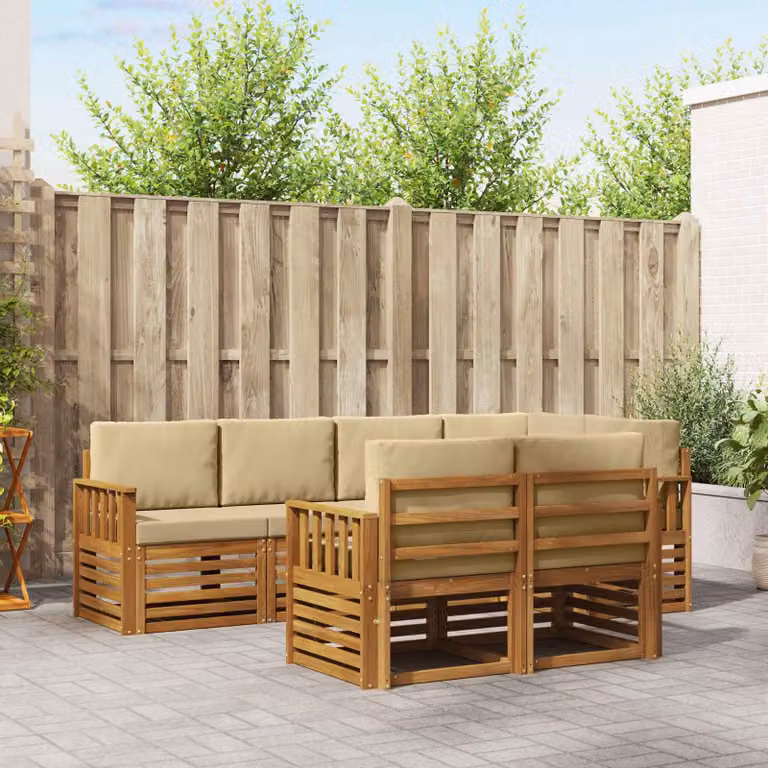 Set di divani da esterno a L vidaXL in legno di acacia con cuscini, Beige e Bianco