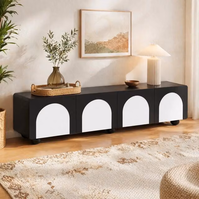 Mobile TV basso moderno MODFU in MDF nero e bianco L/P/H: 180 x 38 x 45 cm