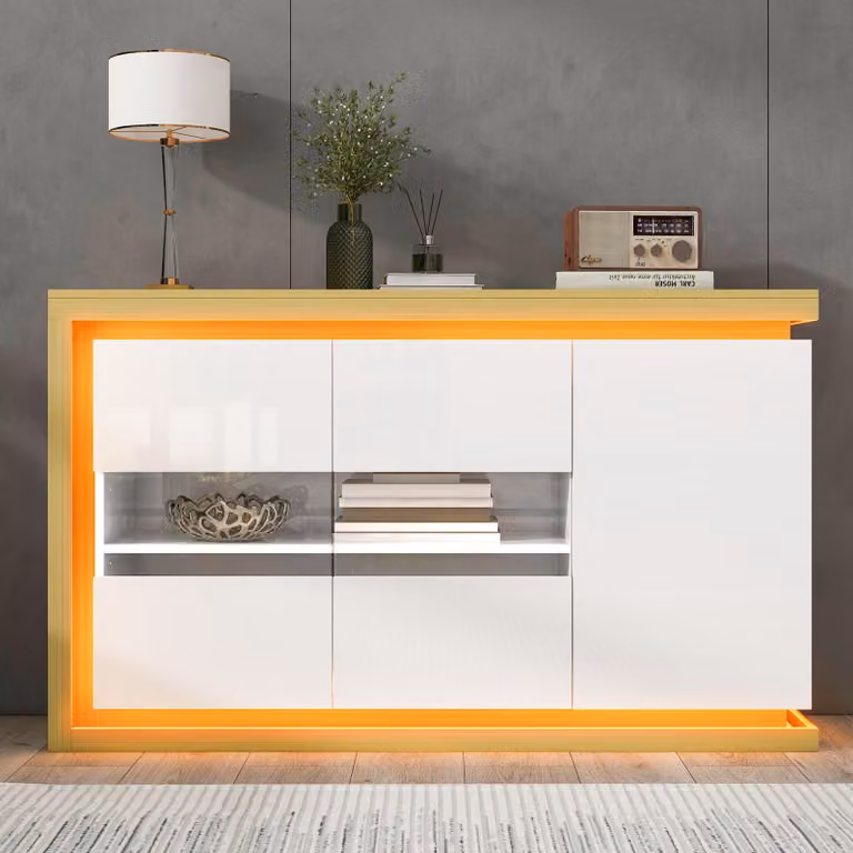 Credenza Merax lucida con 3 ante e 4 ripiani, cassettiera con vetro e striscia luminosa a LED, divisori regolabili, per soggiorno, ingresso o ufficio, bianca
