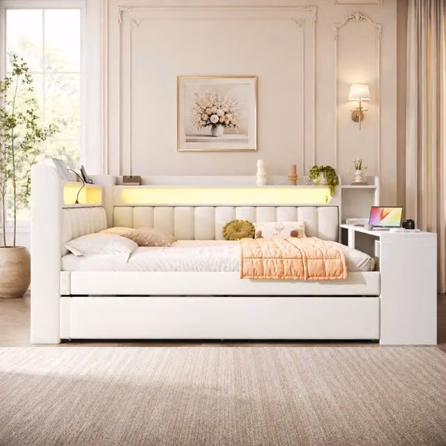 Letto moderno imbottito in tessuto bianco con illuminazione LED sotto il letto, porta USB e cassetti, L/P/H: 200 x 140 x 76,5 cm
