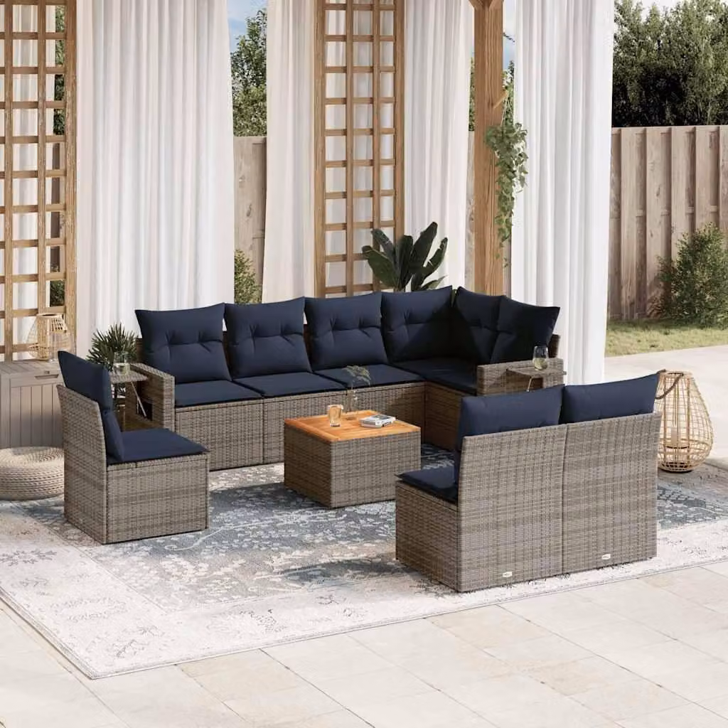 Maison Exclusive - Set di 9 pezzi per giardino con cuscini, grigio, polyrattan