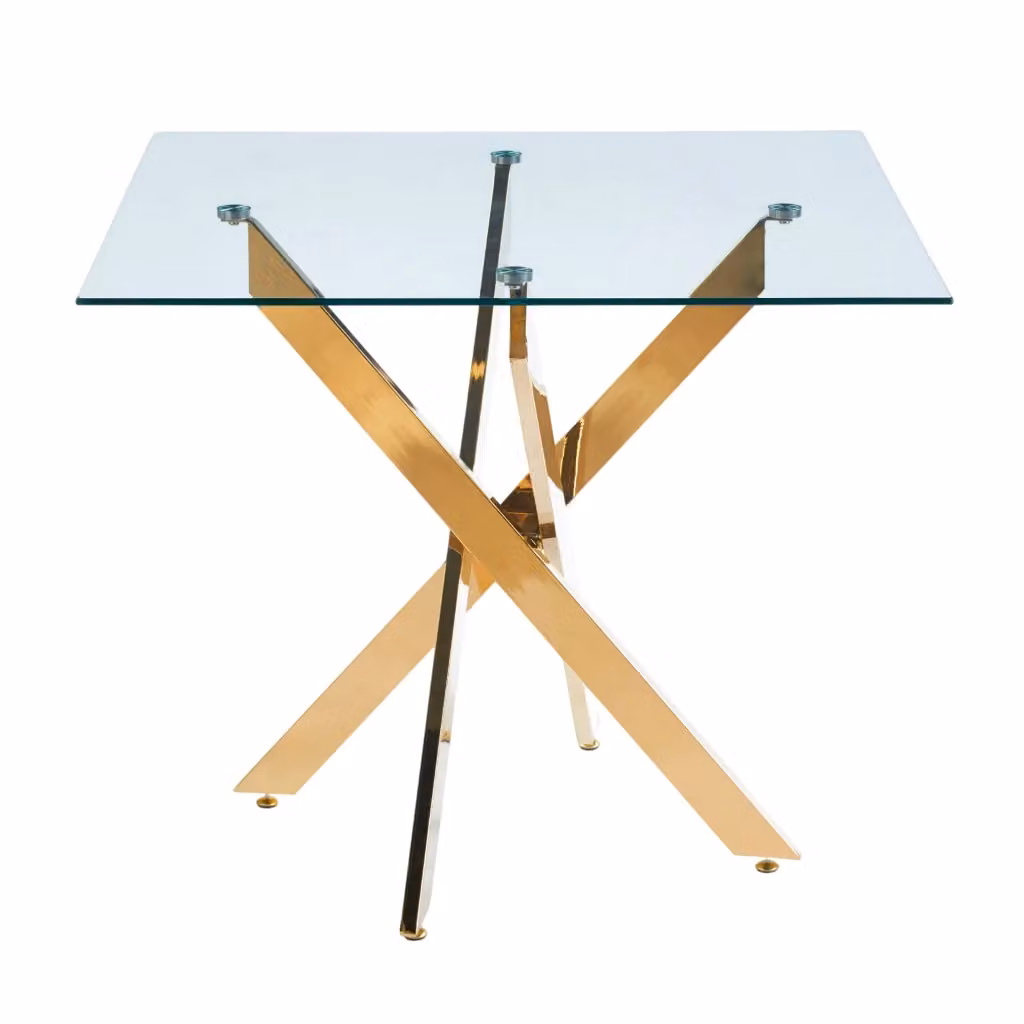 Tavolo da pranzo moderno Zephmum quadrato con piano in vetro trasparente e base a X in metallo dorato L/P/H: 80 x 80 x 75 cm – 2