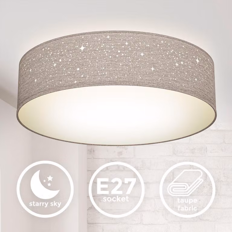 B.K.Licht Plafoniera in tessuto grigio-talpa con effetto a stelline, attacco per 2 lampadine E27 non incluse, Lampada da soffitto rotonda diametro 38cm, Lampadario moderno per salotto o camera da letto IP20