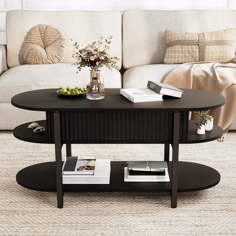 Tavolino da salotto - Piano regolabile in altezza con sistema a sollevamento - 106 x 45 x 50 cm - Spazio contenitore - Diversi livelli - Forma ovale - Struttura in metallo - Colore nero