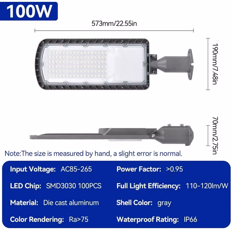 Lampada stradale a LED - Lampada da esterno - 100 W - AC 85–265 V - Grado di protezione IP66 (resistente all'acqua) - Alluminio - Montaggio a parete